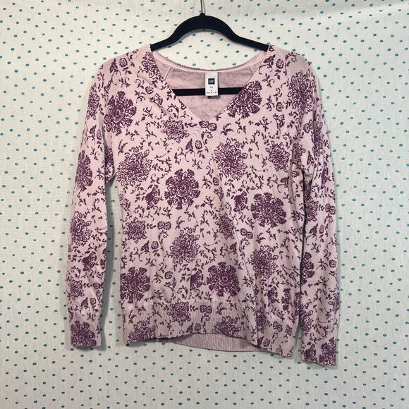 Gap Factory Purple Paisley Floral V-Neck Long Sleeve Sweater - Picture 1 of 4